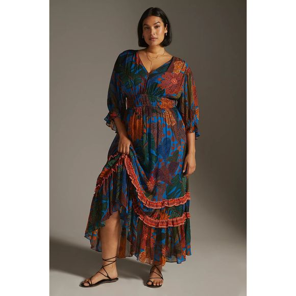 New Anthropologie x Farm Rio Puff Sleeve Maxi Dress sz XS - Picture 5 of 9